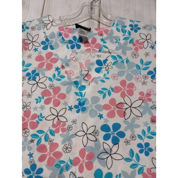 Scrub Studio‎ Shirt Ladies Medium Coral Blue Floral - Picture 3 of 7